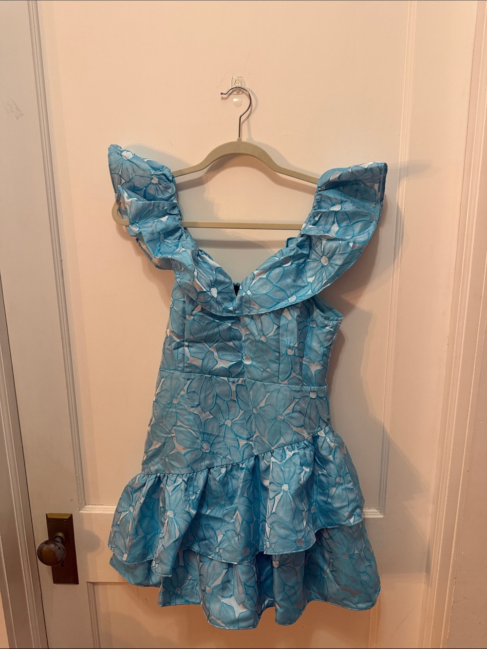 DO+BE Light Blue Floral Satin Dress with Ruffle Detail